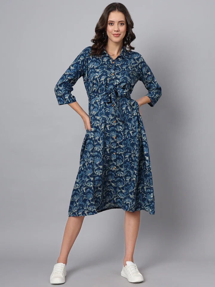 Blue Floral Print Rayon Midi Dress