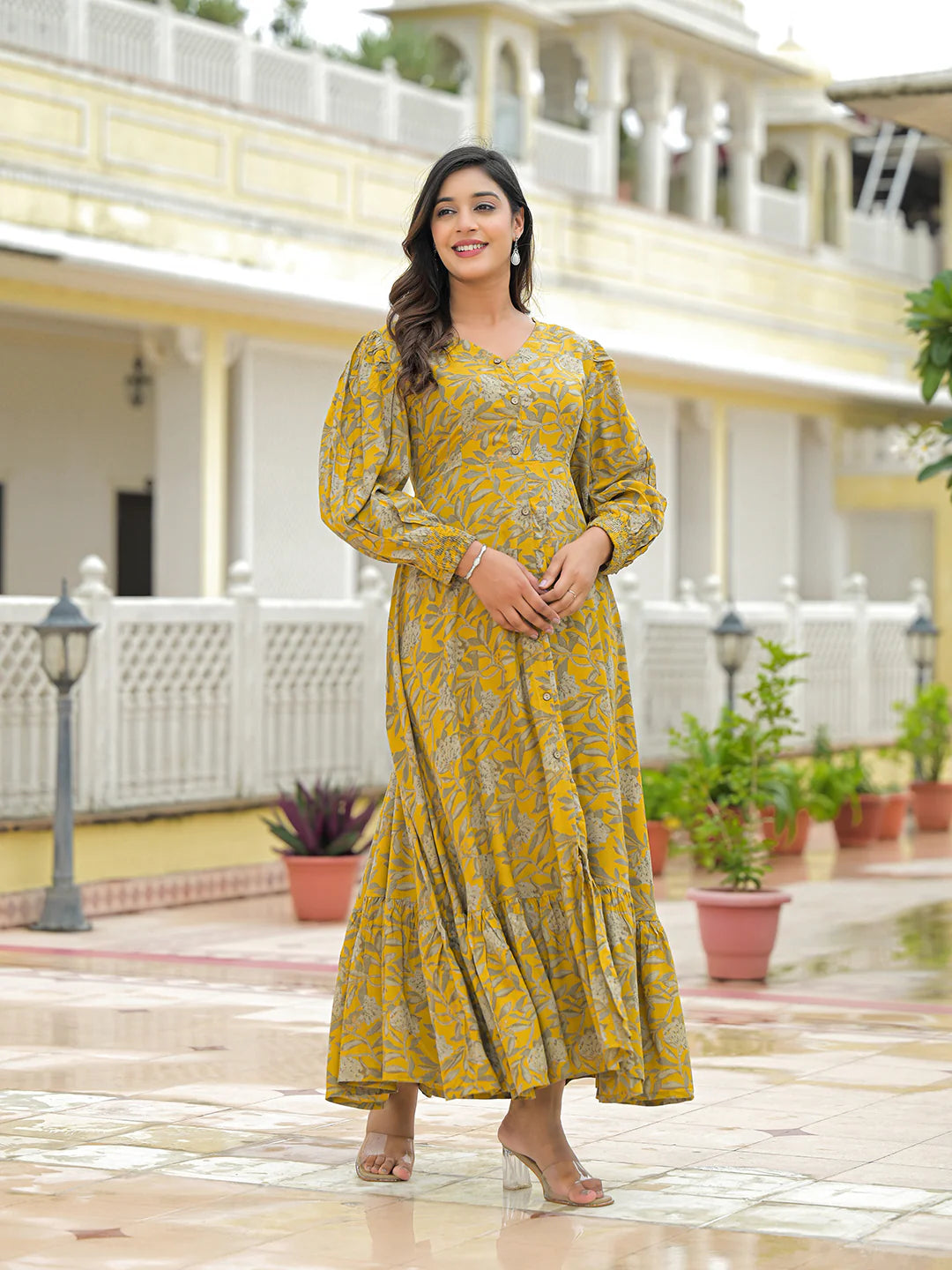 Aravalii Mustard Rayon Flare Dress