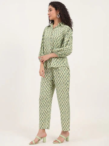 Green Floral Print Rayon Fabric Shirts Pant With Crop Top three Piece set