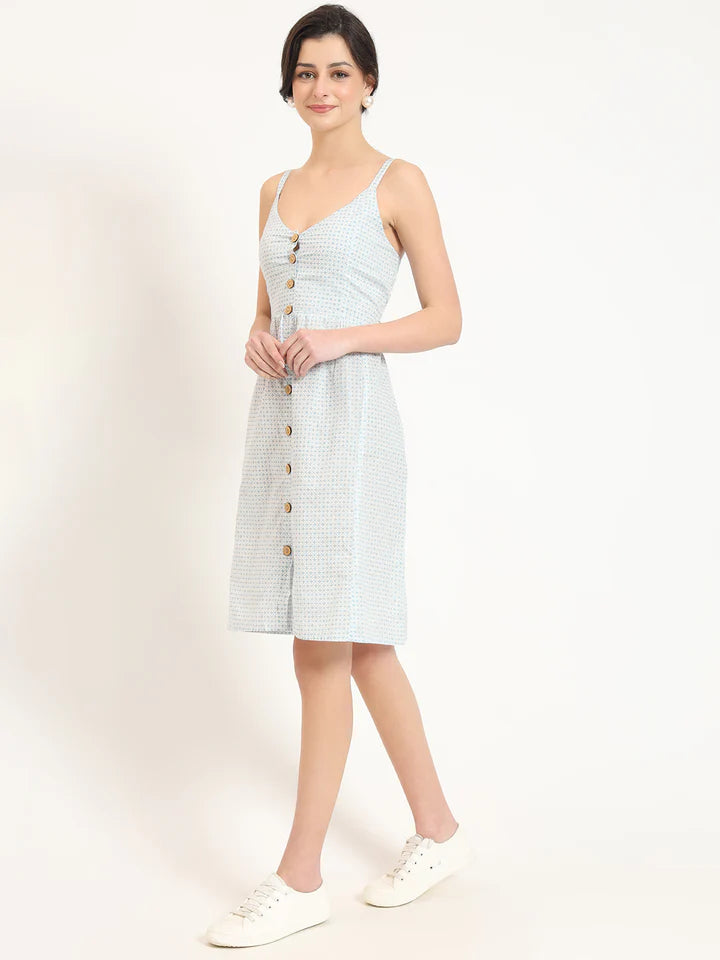 Blue Ethnic Motif Shoulder Strip Dress