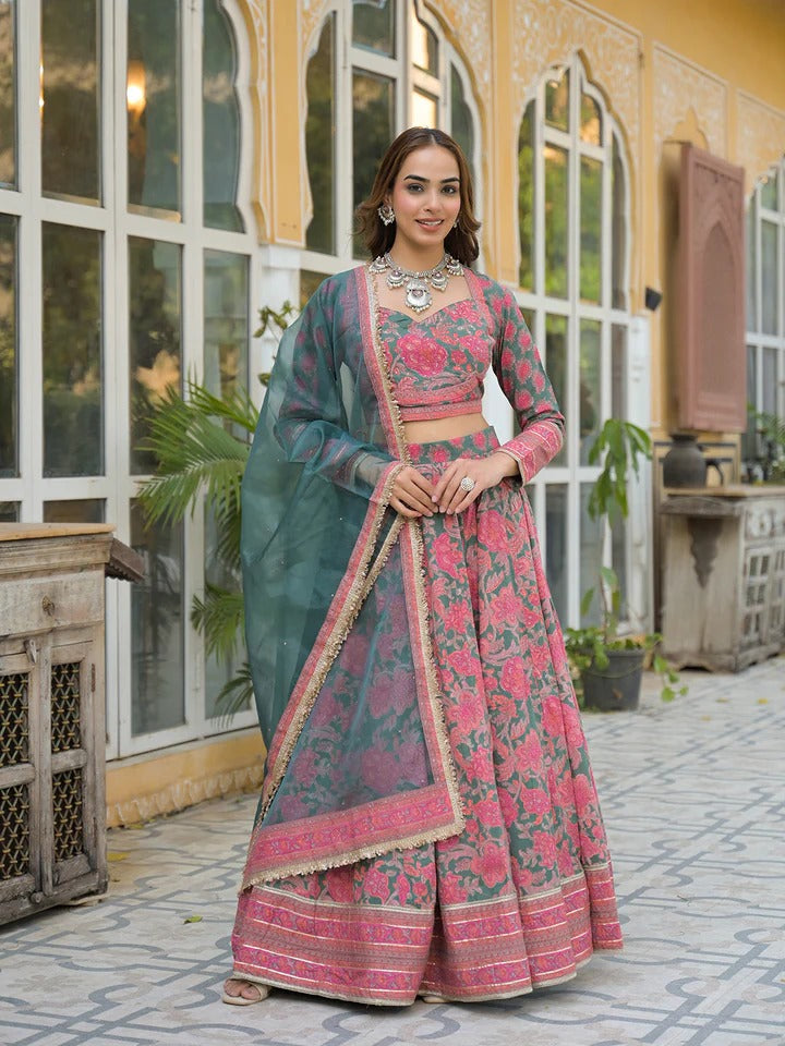 Green Printed Cotton Lehenga with Choli and Dupatta