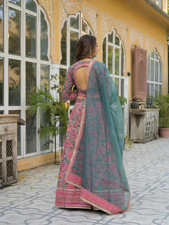 Green Printed Cotton Lehenga with Choli and Dupatta