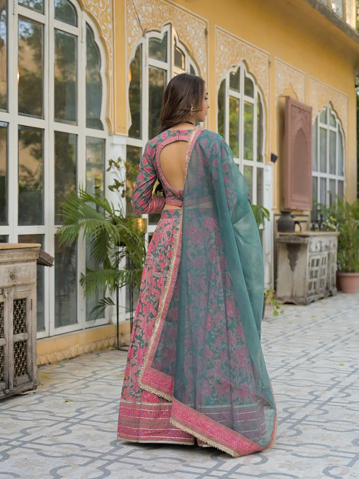 Green Printed Cotton Lehenga with Choli and Dupatta