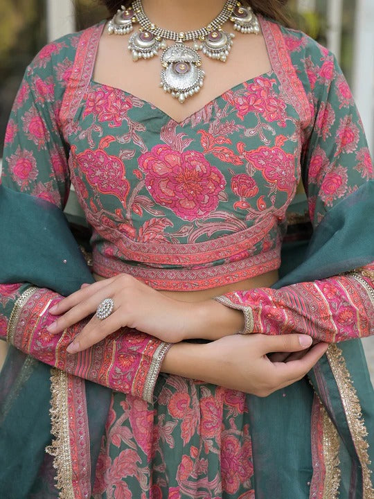 Green Printed Cotton Lehenga with Choli and Dupatta