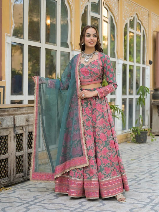 Green Printed Cotton Lehenga with Choli and Dupatta