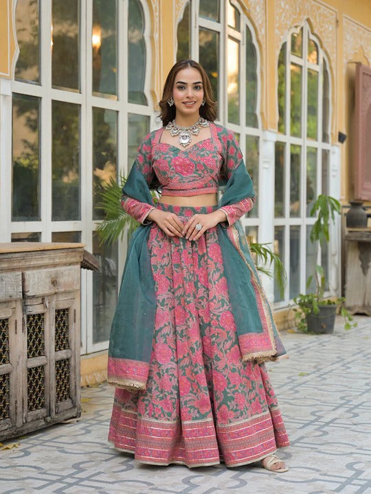 Green Printed Cotton Lehenga with Choli and Dupatta