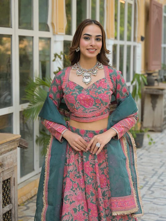 Green Printed Cotton Lehenga with Choli and Dupatta