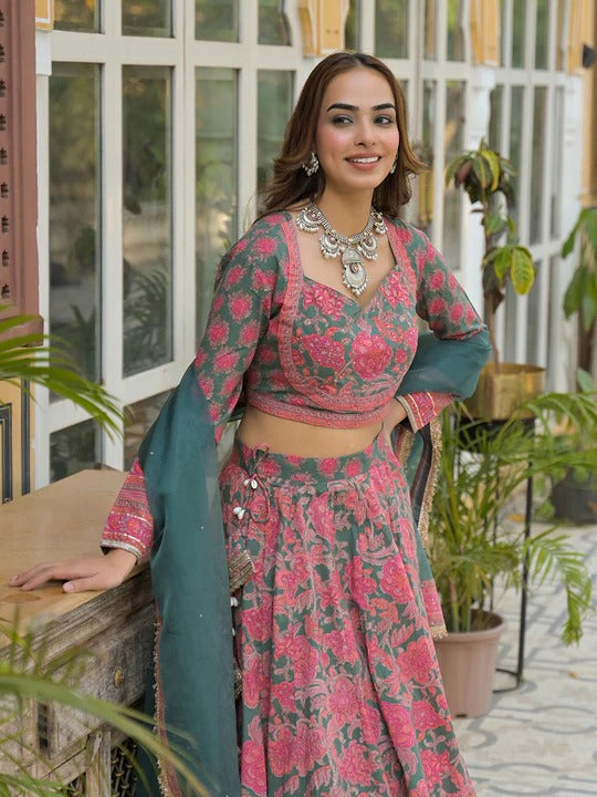 Green Printed Cotton Lehenga with Choli and Dupatta