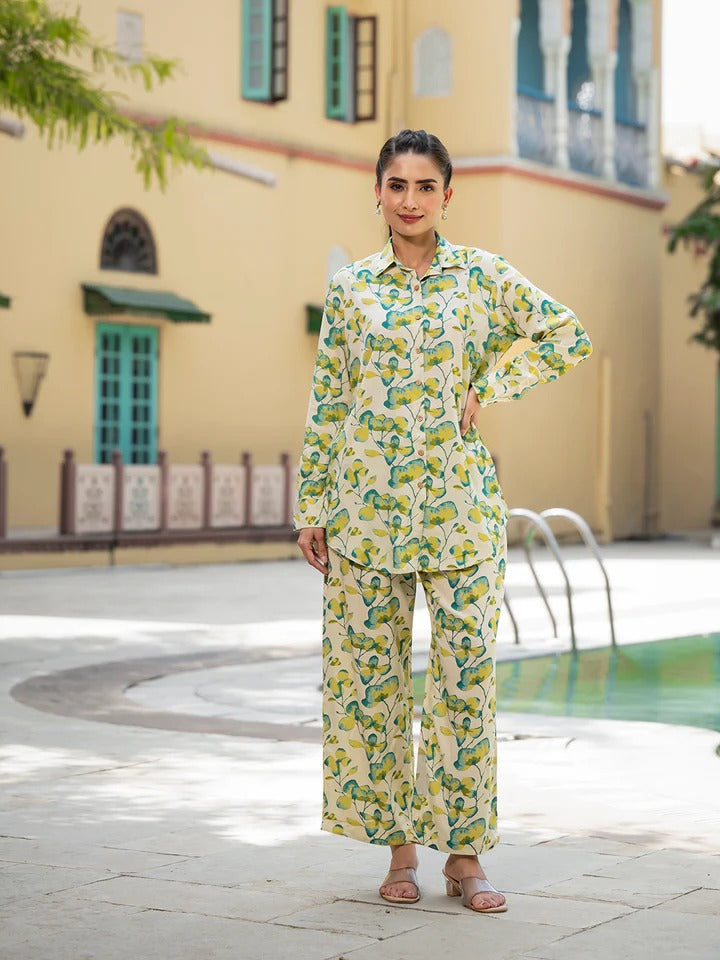 Green Floral Printed Rayon Co-ord Set for Women