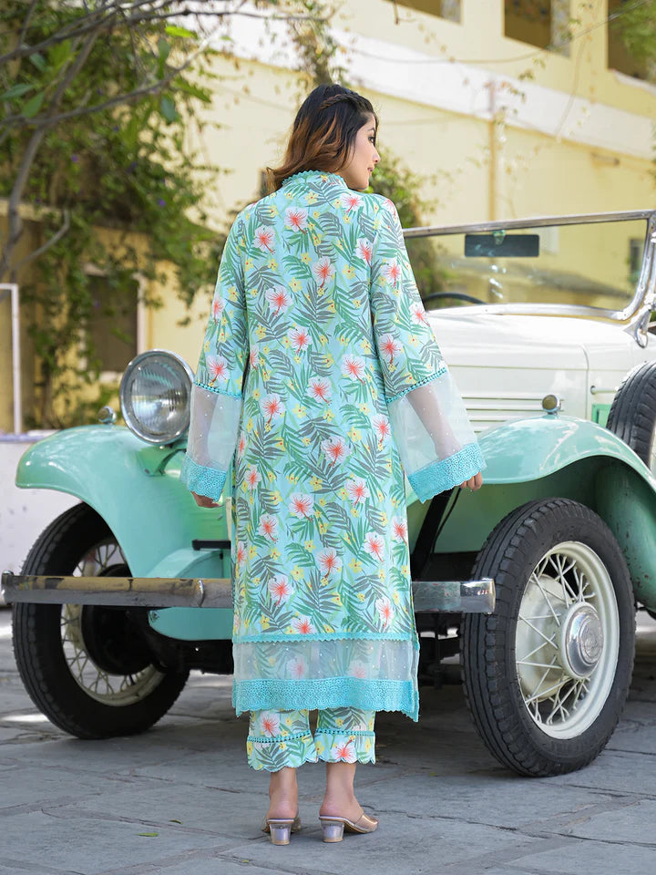 Seagreen Floral Printed Rayon Kurta Pant Set With Dupatta