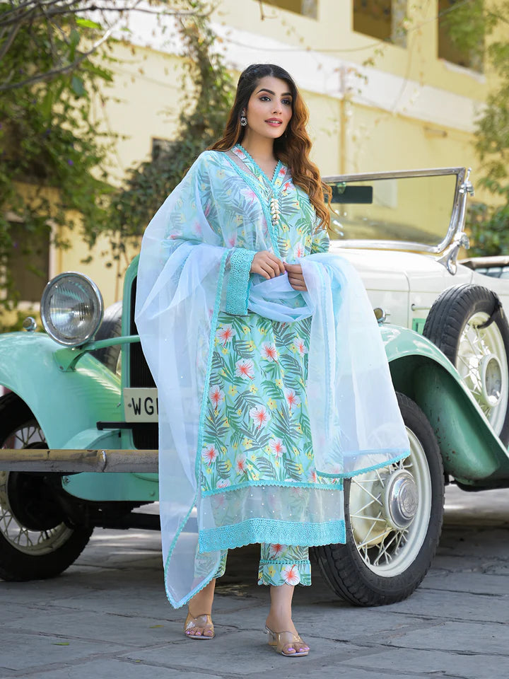 Seagreen Floral Printed Rayon Kurta Pant Set With Dupatta