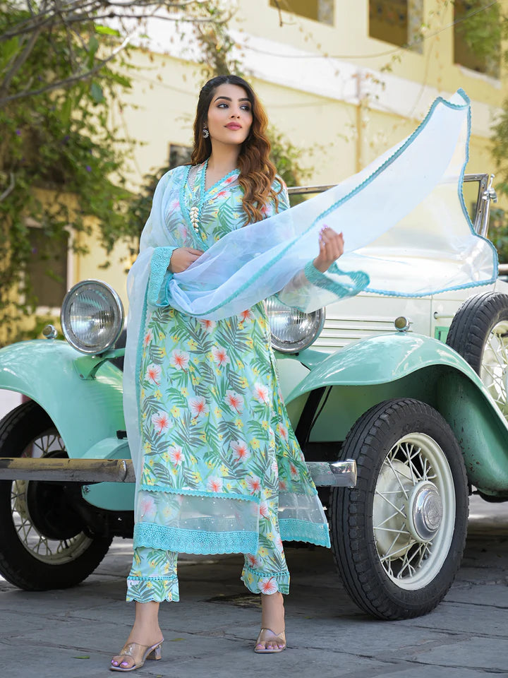 Seagreen Floral Printed Rayon Kurta Pant Set With Dupatta