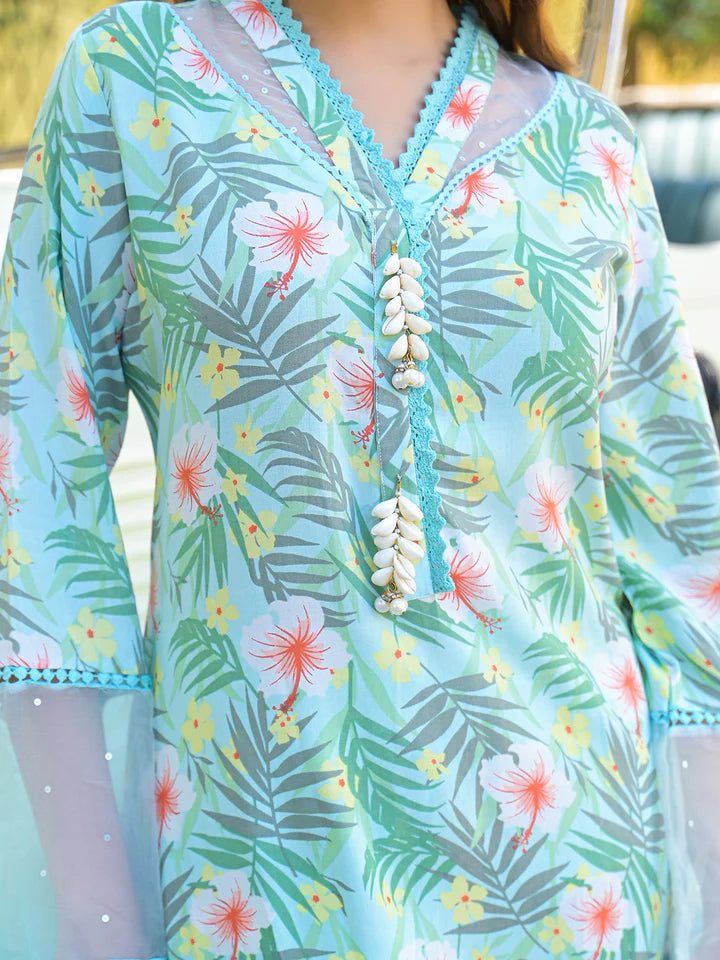 Seagreen Floral Printed Rayon Kurta Pant Set With Dupatta