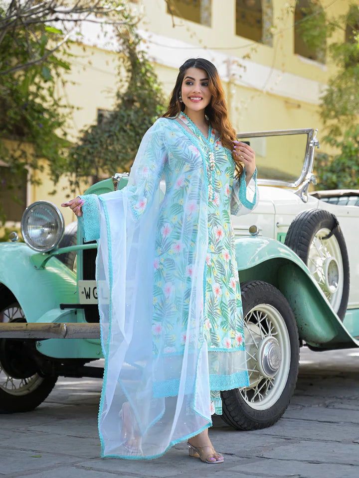 Seagreen Floral Printed Rayon Kurta Pant Set With Dupatta