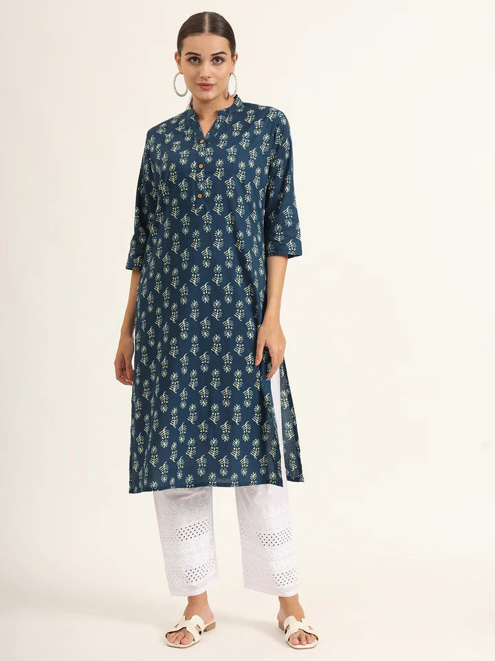 Blue Floral Print Pure Cotton Straight Kurta