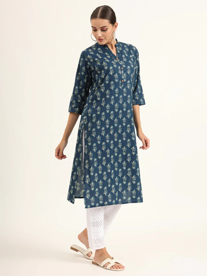 Blue Floral Print Pure Cotton Straight Kurta