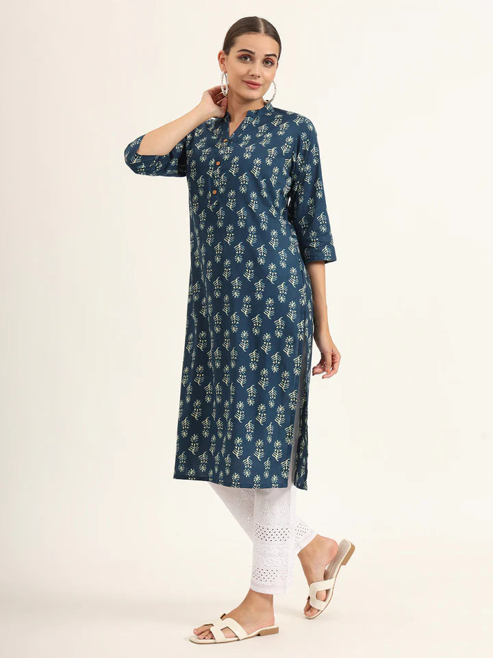 Blue Floral Print Pure Cotton Straight Kurta