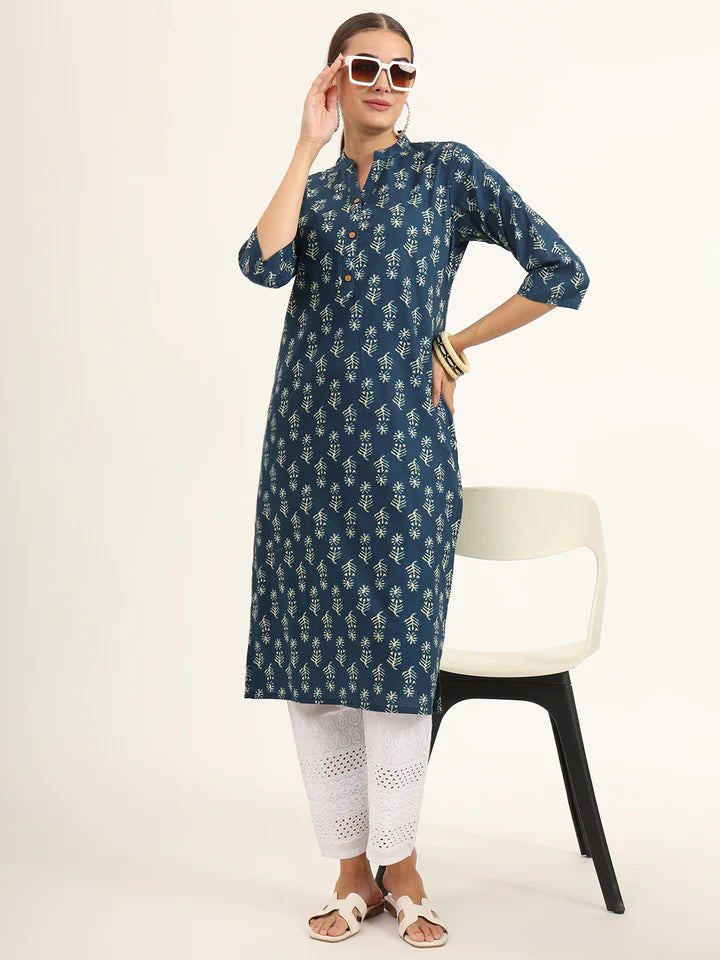 Blue Floral Print Pure Cotton Straight Kurta
