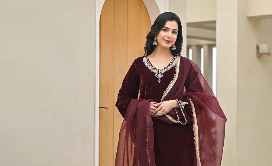 Embroidered Maroon Velvet Kurta Pant Dupatta Set for Women