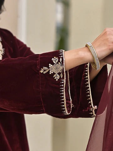Embroidered Maroon Velvet Kurta Pant Dupatta Set for Women