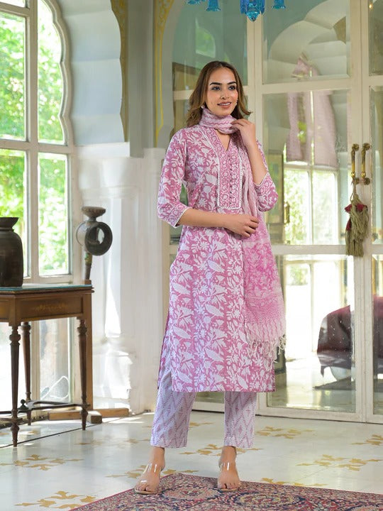 White & Pink Cotton Block Print Kurta Pant with Dupatta