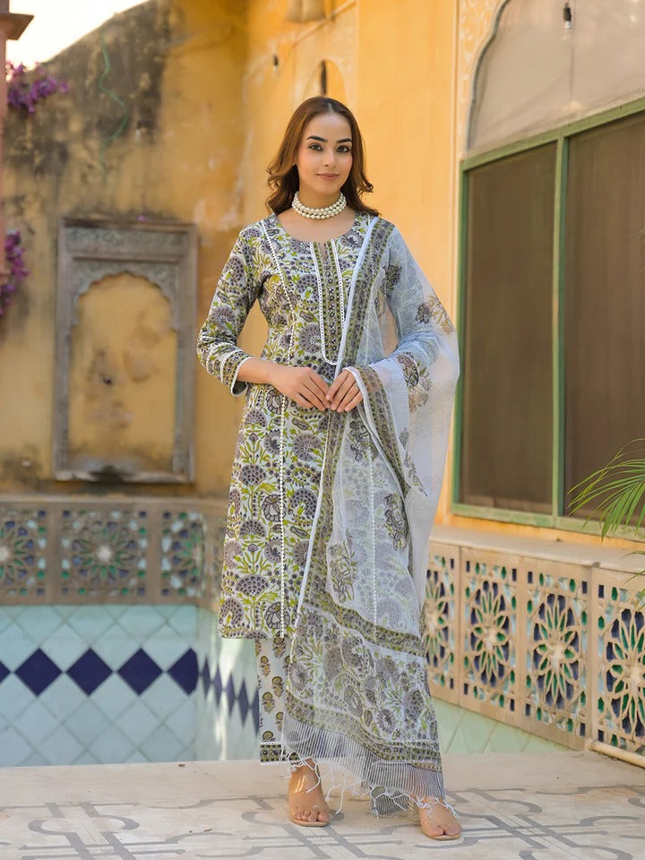 Sea Green Cotton Block Print Kurta Pant with Dupatta