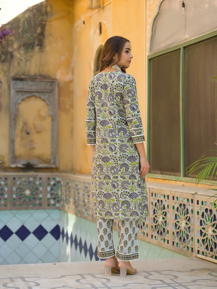 Sea Green Cotton Block Print Kurta Pant with Dupatta