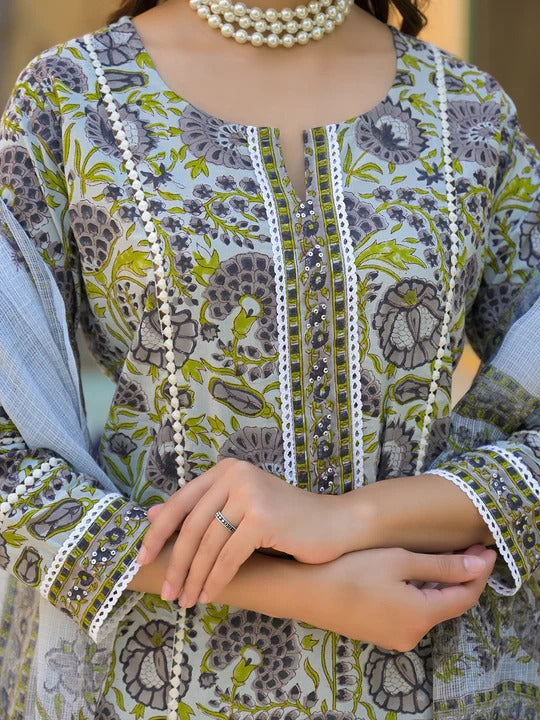 Sea Green Cotton Block Print Kurta Pant with Dupatta