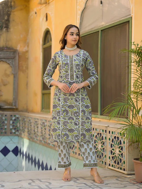 Sea Green Cotton Block Print Kurta Pant with Dupatta