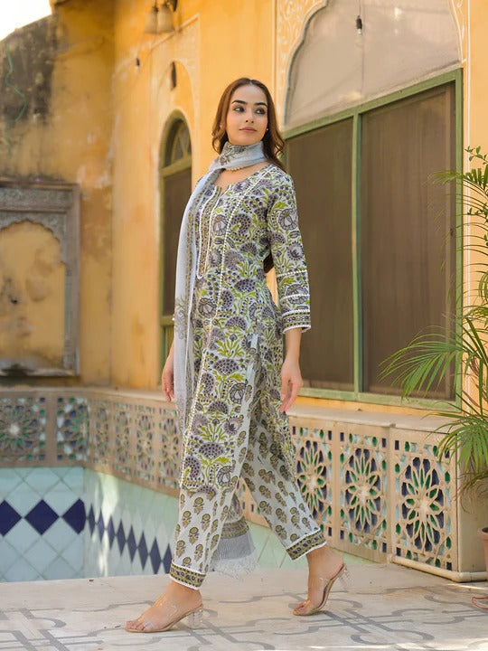 Sea Green Cotton Block Print Kurta Pant with Dupatta