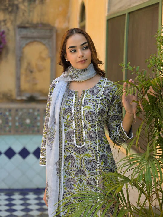 Sea Green Cotton Block Print Kurta Pant with Dupatta