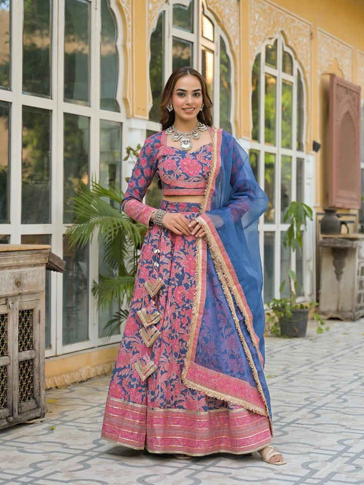 Blue Printed Cotton Lehenga with Choli and Dupatta