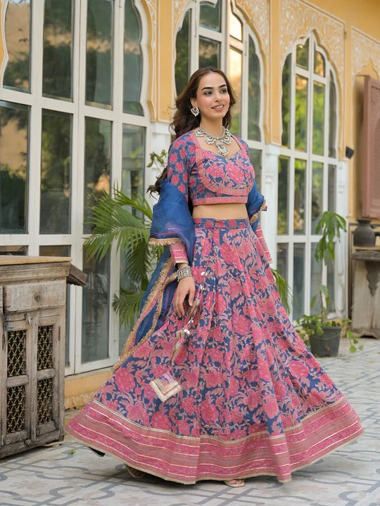 Blue Printed Cotton Lehenga with Choli and Dupatta