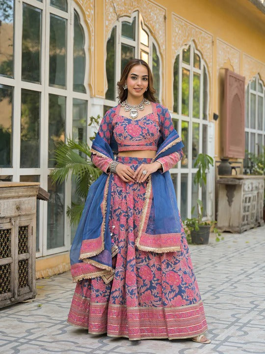 Blue Printed Cotton Lehenga with Choli and Dupatta