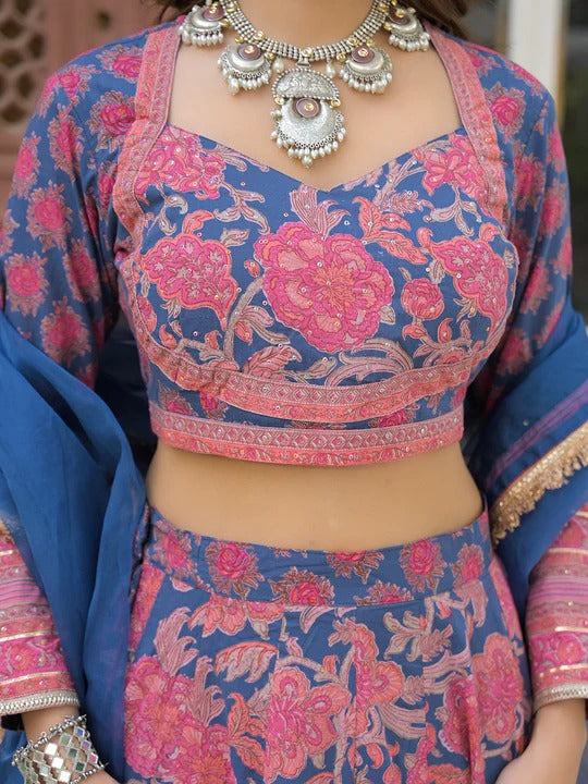 Blue Printed Cotton Lehenga with Choli and Dupatta