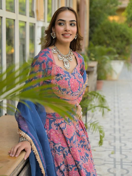 Blue Printed Cotton Lehenga with Choli and Dupatta