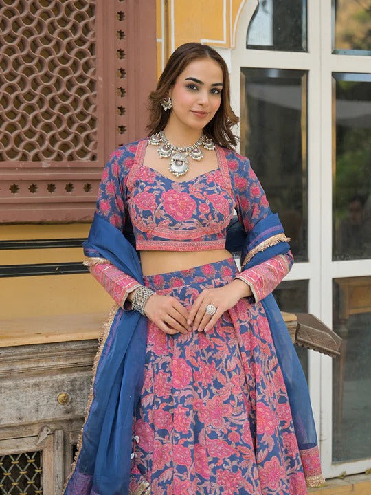Blue Printed Cotton Lehenga with Choli and Dupatta