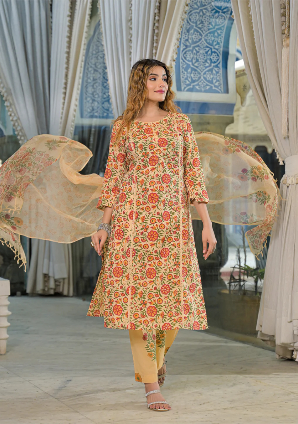 Yellow Hand Block Cotton Straight Kurta Pant With Dupatta