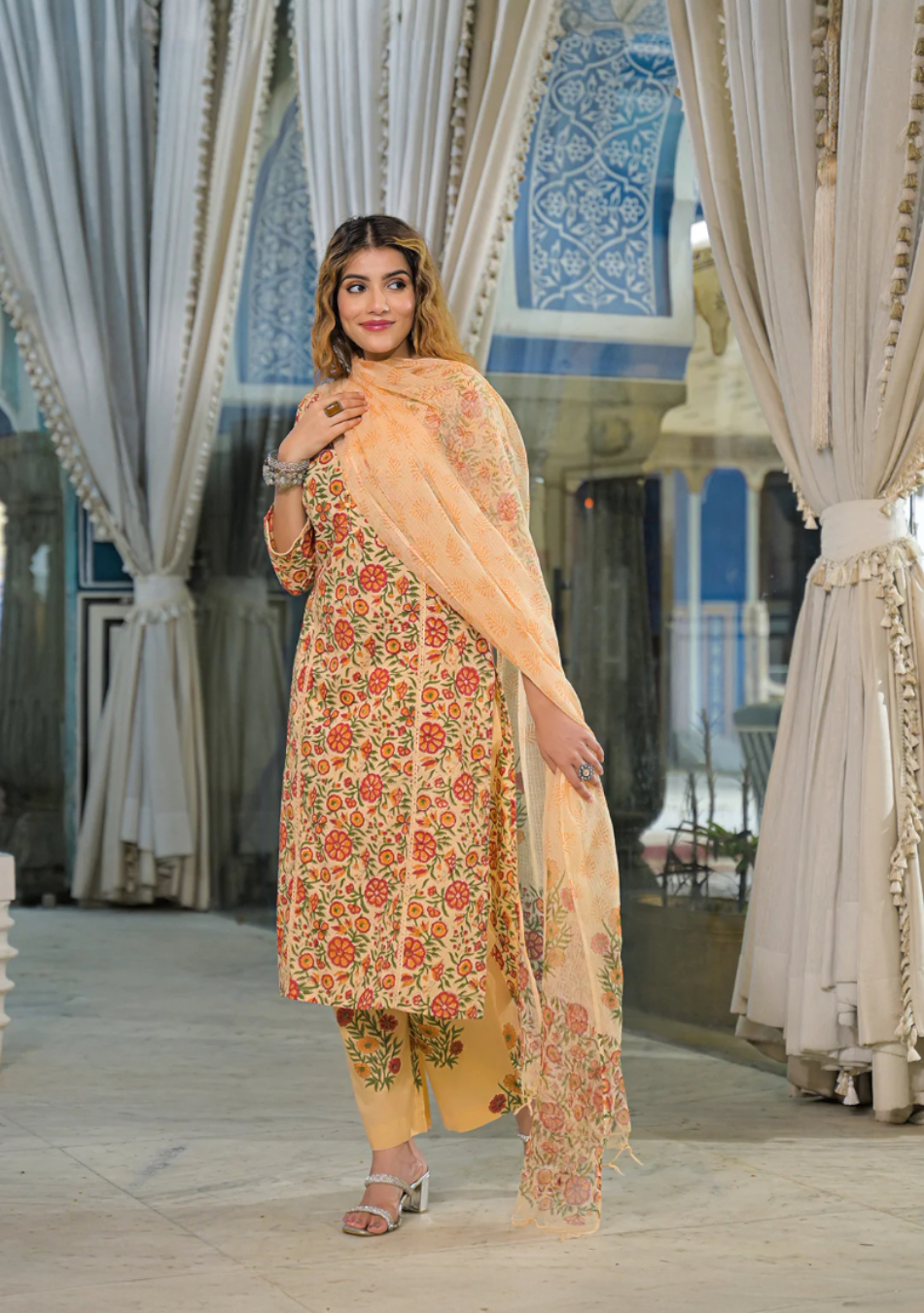 Yellow Hand Block Cotton Straight Kurta Pant With Dupatta