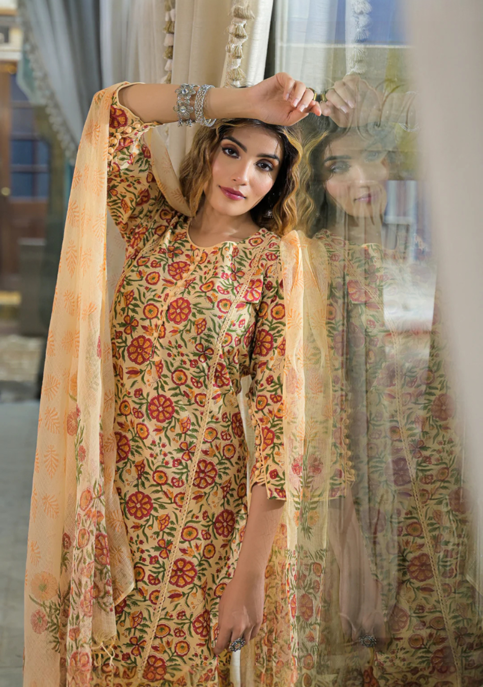 Yellow Hand Block Cotton Straight Kurta Pant With Dupatta