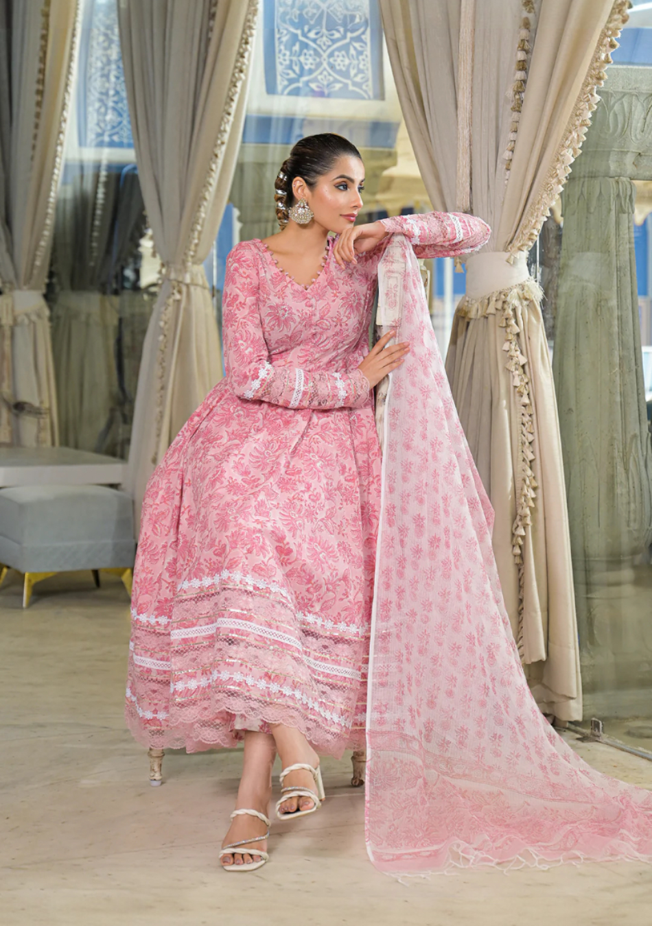 Pink Hand Block Cotton Anarkali Set
