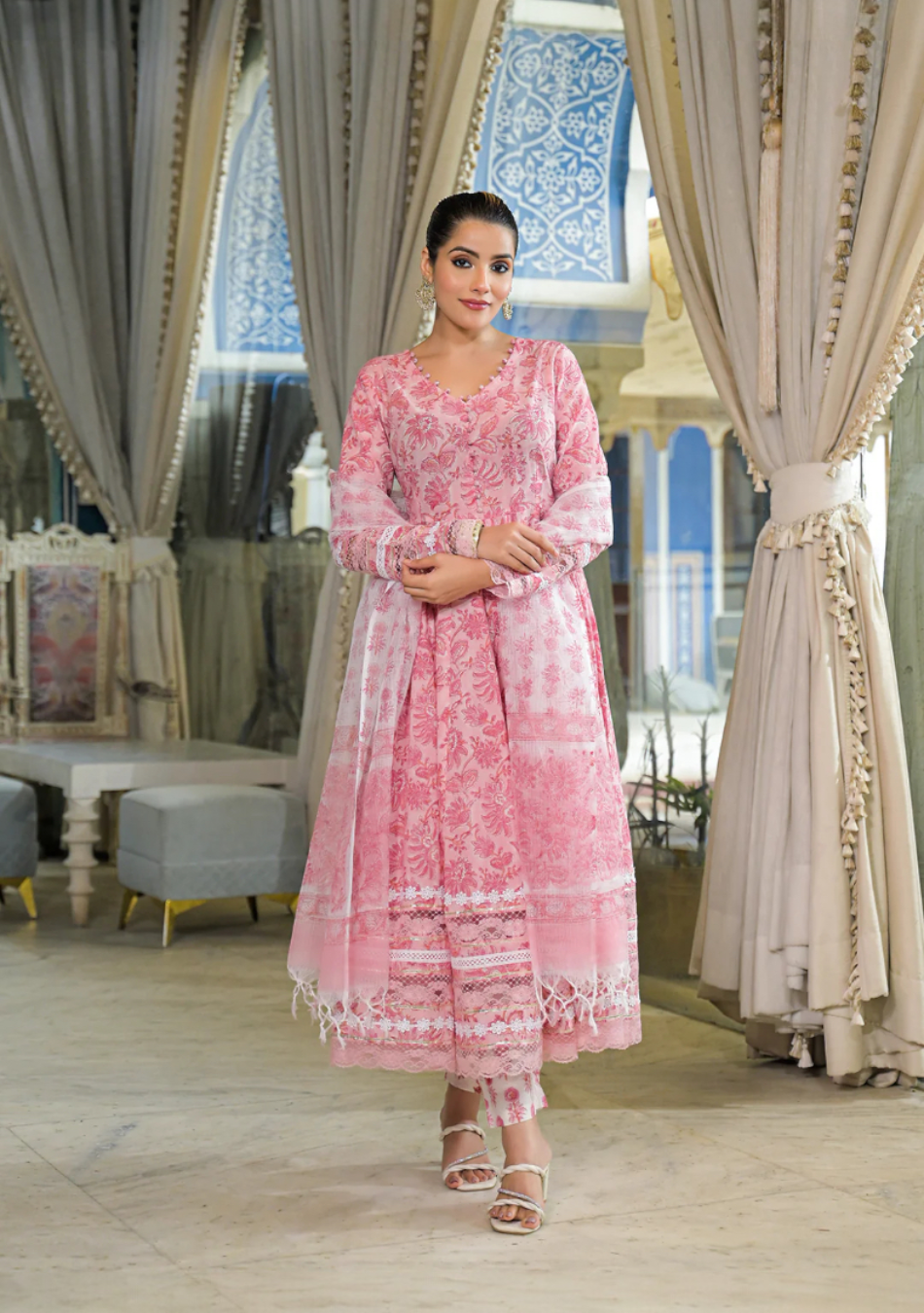Pink Hand Block Cotton Anarkali Set