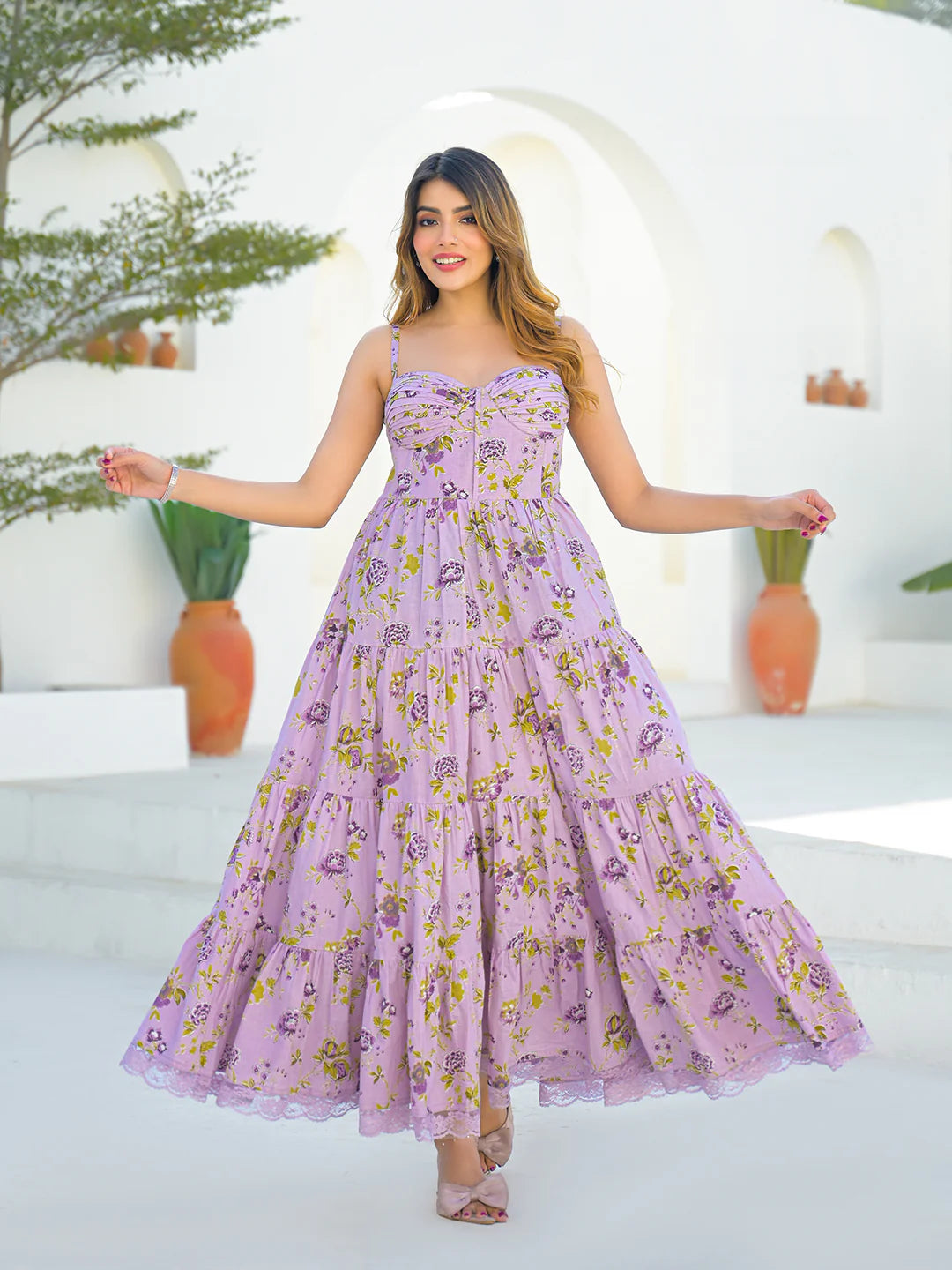 Light Purple Cotton Floral Print Sleeveless Long Dress