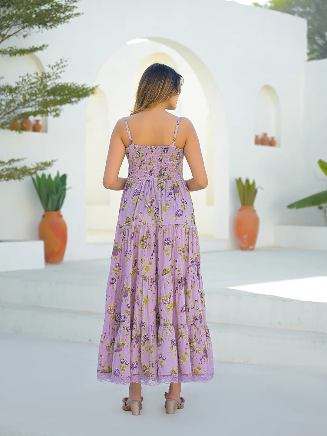 Light Purple Cotton Floral Print Sleeveless Long Dress