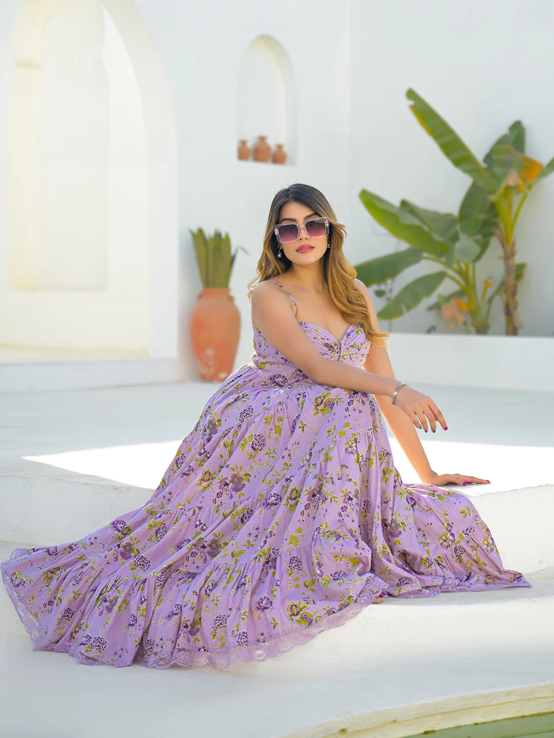 Light Purple Cotton Floral Print Sleeveless Long Dress