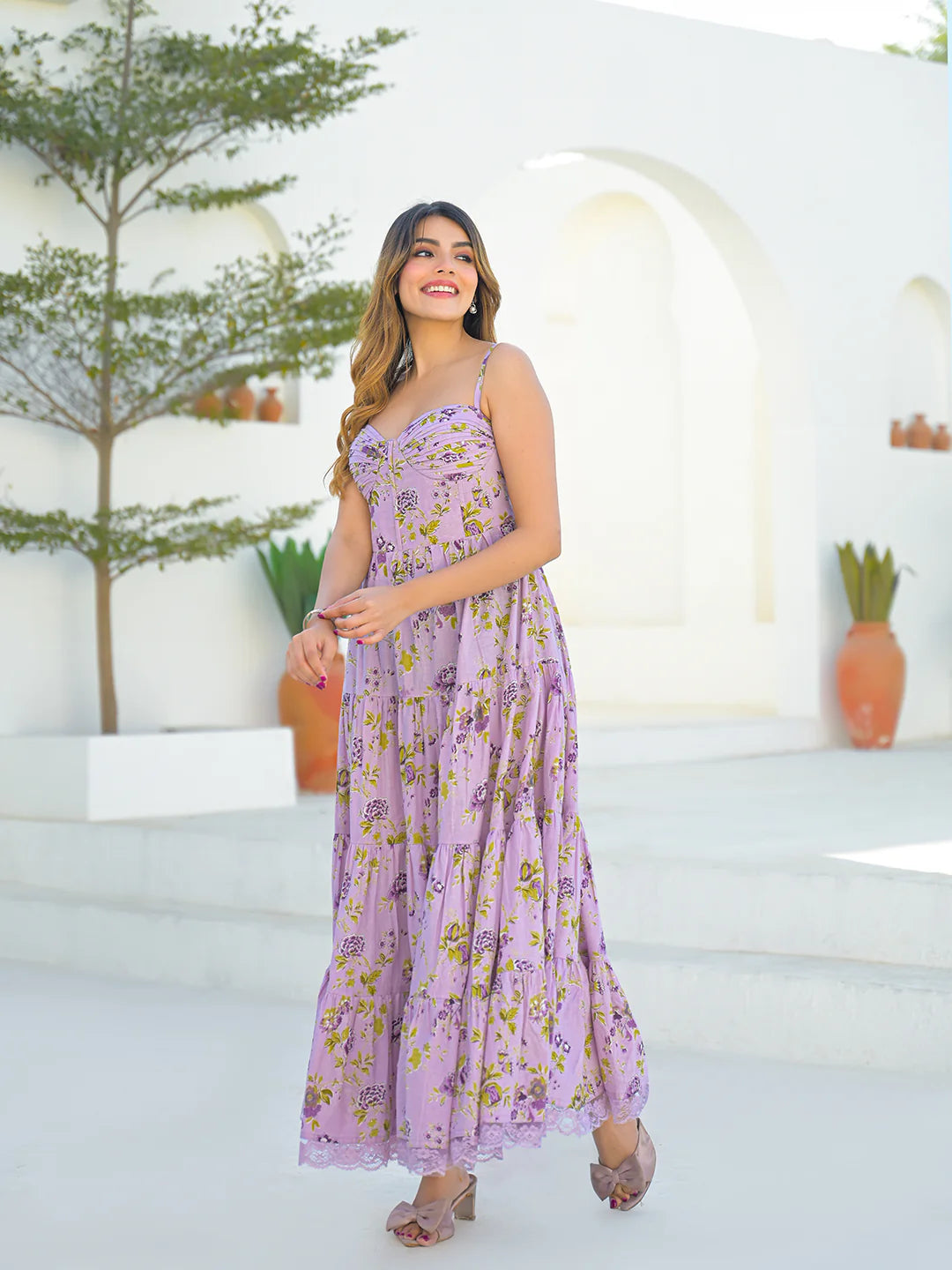 Light Purple Cotton Floral Print Sleeveless Long Dress