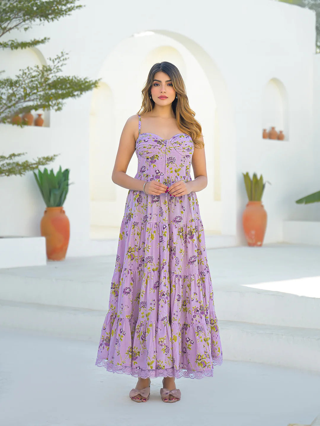 Light Purple Cotton Floral Print Sleeveless Long Dress