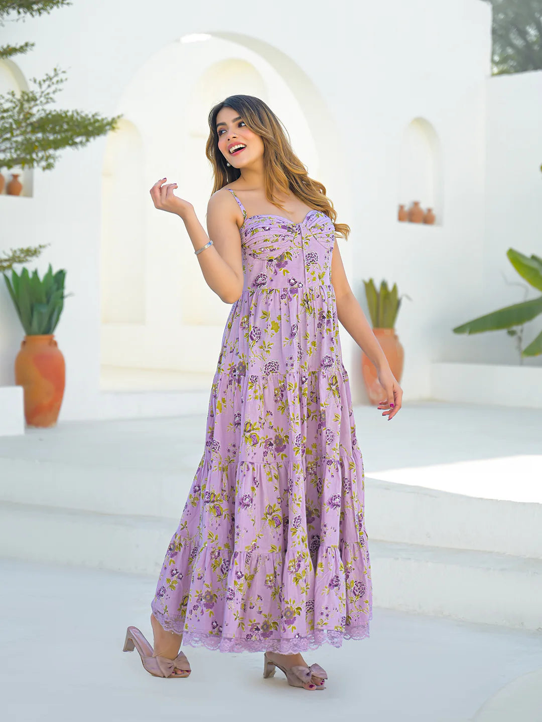 Light Purple Cotton Floral Print Sleeveless Long Dress