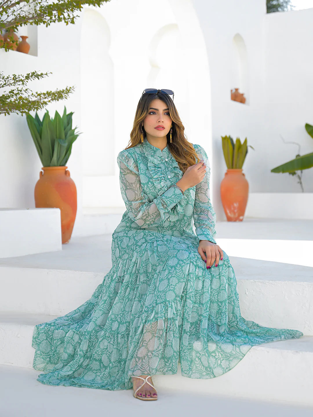 Green Georgette Long Sleeve Maxi Dress