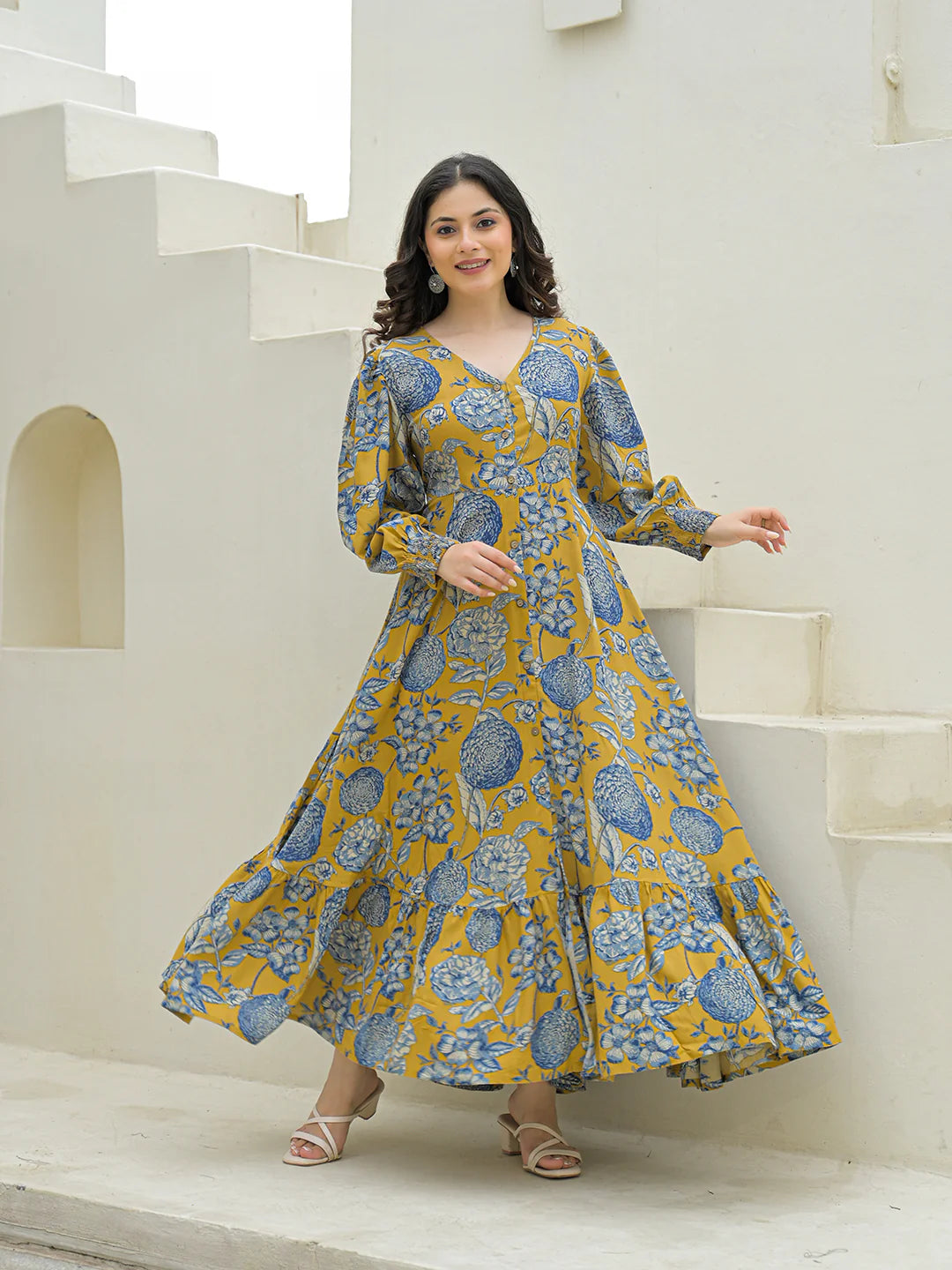 Aravalii Mustard Rayon Flare Dress